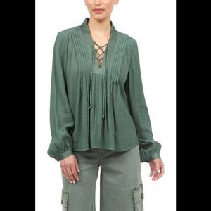 La Joie Micro Crepe Lace-Up Pleated Blouse Duck Green - Regular